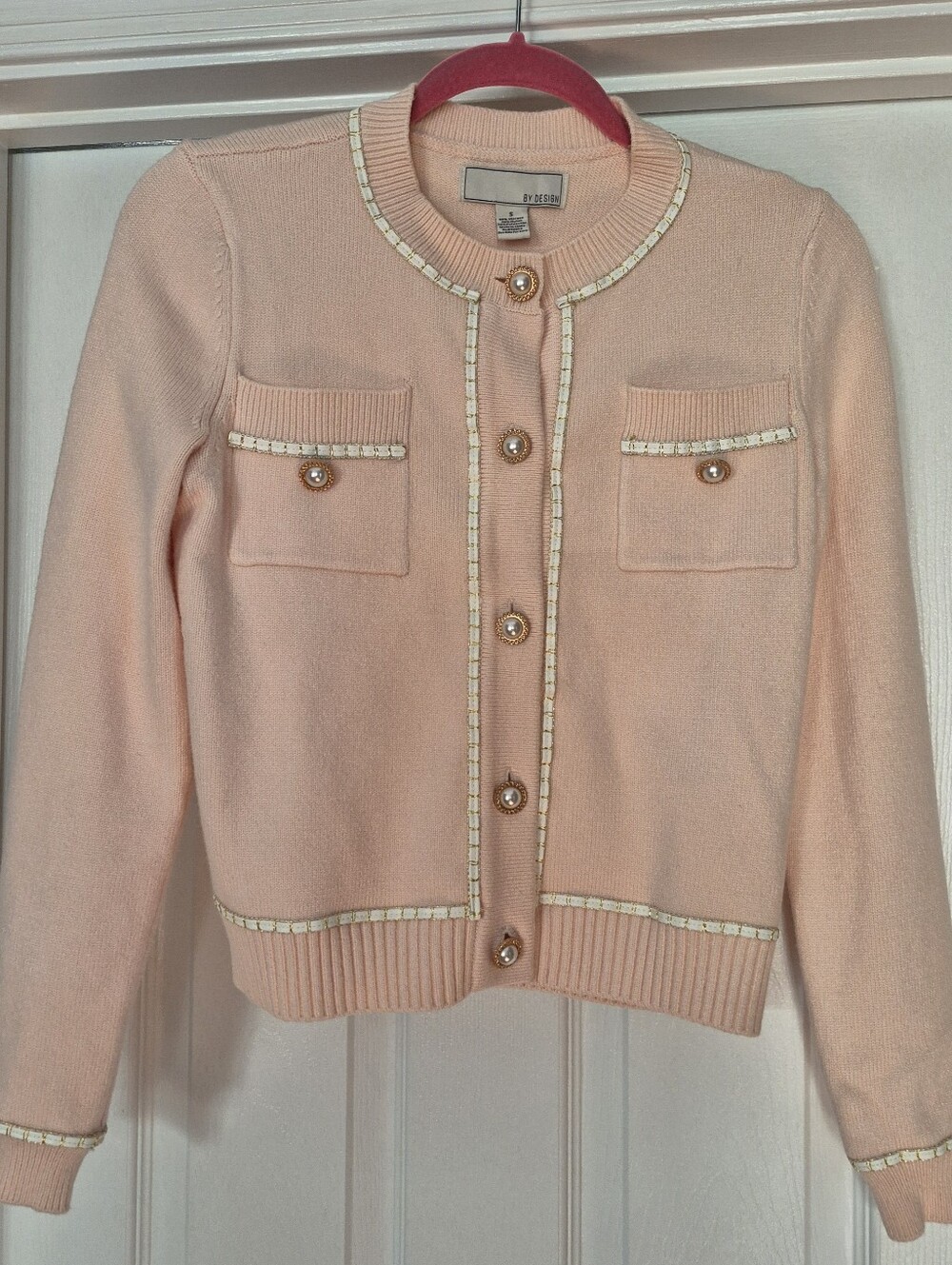 By DESIGN Peachy Pink Button Cardigan Pearl & Gold Buttons Chest Pockets Small